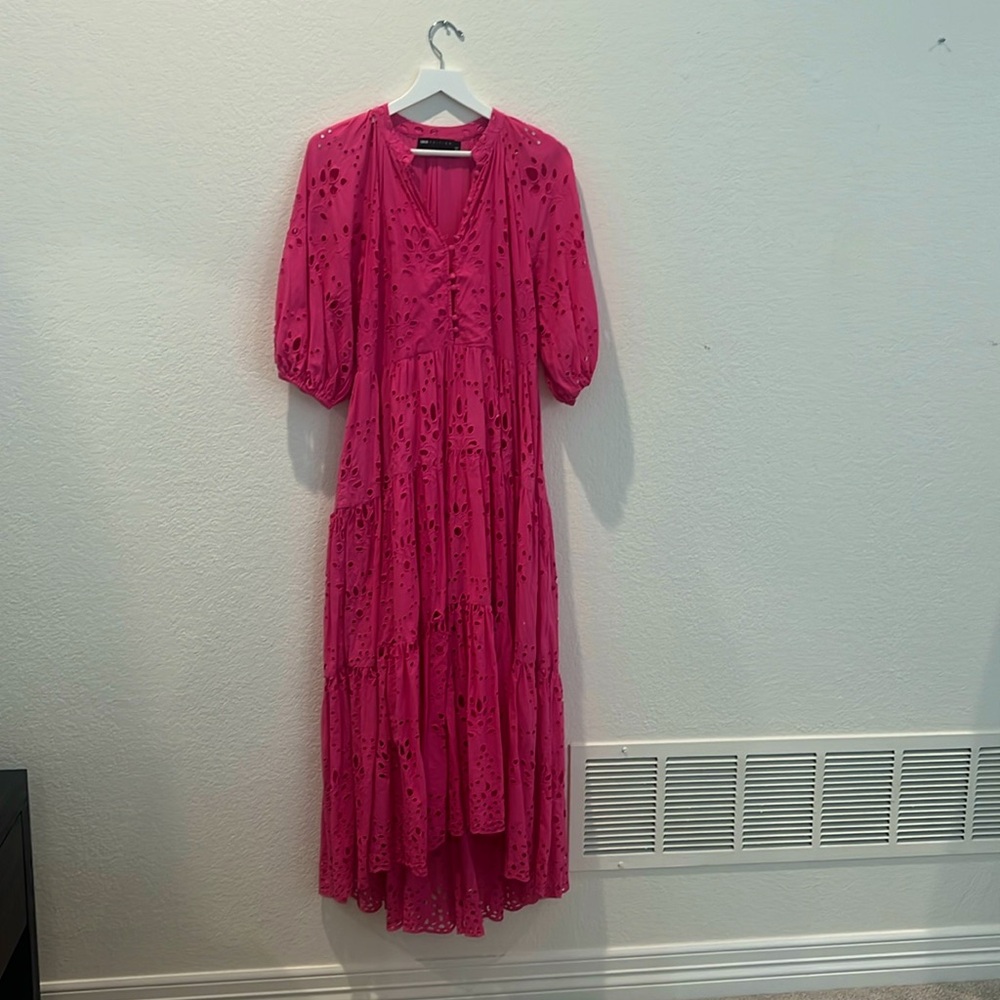 ASOS Edition Pink High Low Maxi Broderie Eyelet Dress with Puff Sleeves US 6